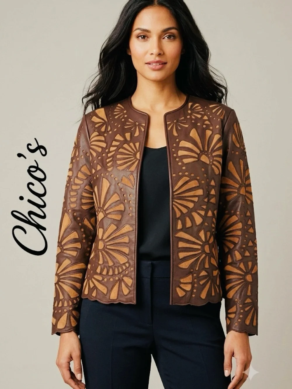 Vintage Chico's Genuine Leather Laser Cutout Jacket Brown - Size 2 (L) - Picture 1 of 11